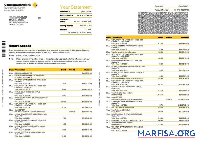 Printable Australia Commonwealth bank statement 23 pages real example